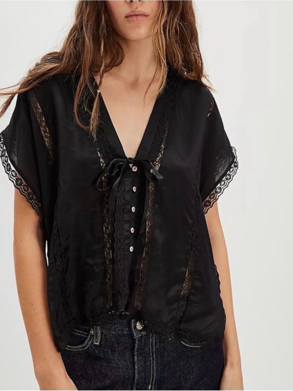 Free People Black Lace-Trim V-Neck Tie-Front Blouse